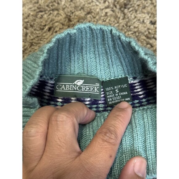 Vintage Fair Isle Green Sweater Pompom Cozy Cabin Cottagecore Fall Autumn S - Picture 4 of 7